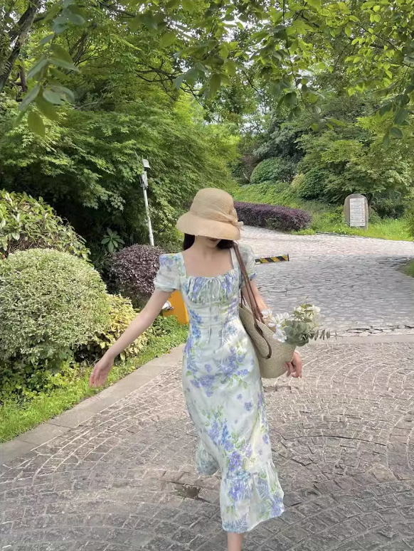 French floral pastoral style puff sleeve square neck dress ED0401