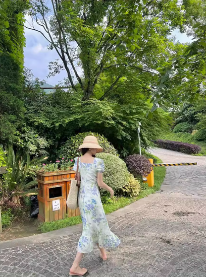 French floral pastoral style puff sleeve square neck dress ED0401