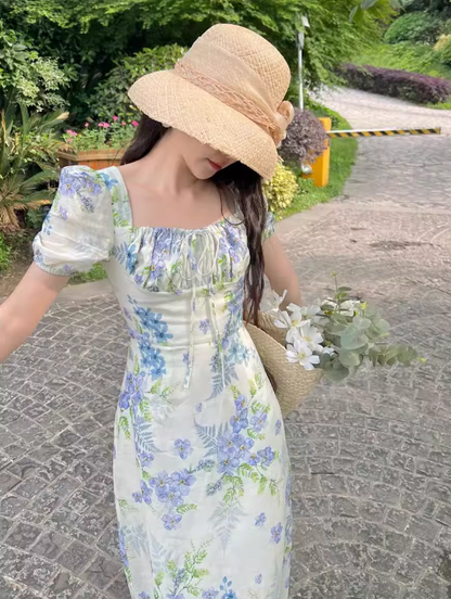 French floral pastoral style puff sleeve square neck dress ED0401