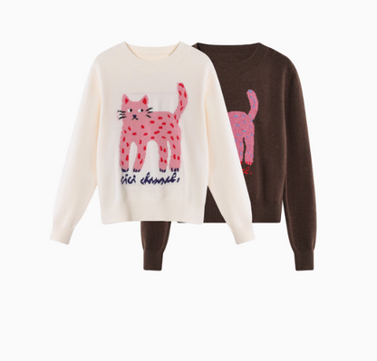 Cat pattern crew neck long sleeve sweater  ED0407