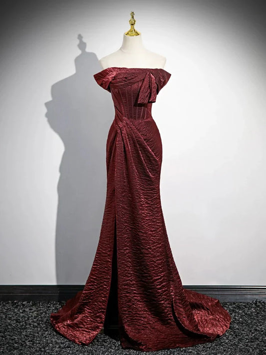 Simple Off Shoulder Burgundy Long Prom Dress, Burgundy Long Formal Dress ED040