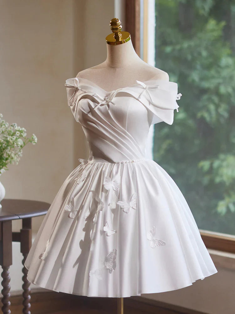 A-Line Off Shoulder Satin White Short Prom Dress, White Homecoming Dress ED041