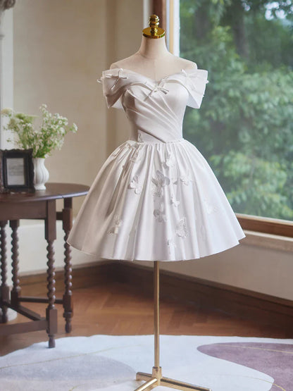 A-Line Off Shoulder Satin White Short Prom Dress, White Homecoming Dress ED041