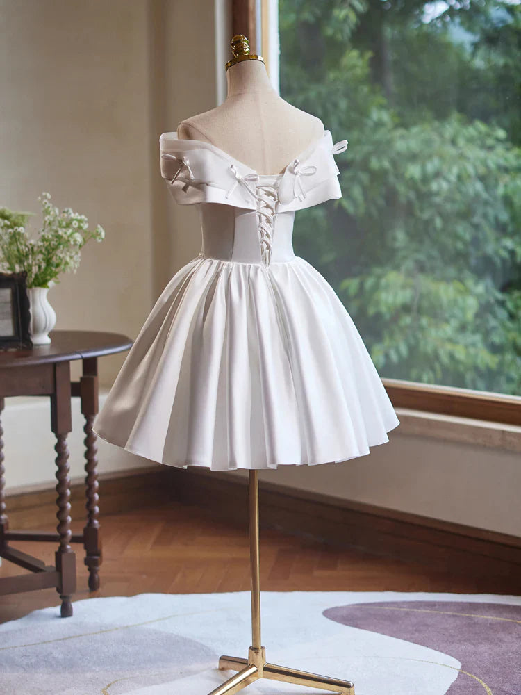 A-Line Off Shoulder Satin White Short Prom Dress, White Homecoming Dress ED041