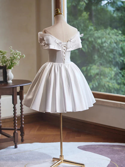 A-Line Off Shoulder Satin White Short Prom Dress, White Homecoming Dress ED041