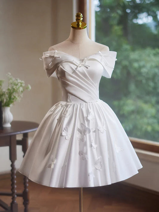 A-Line Off Shoulder Satin White Short Prom Dress, White Homecoming Dress ED041
