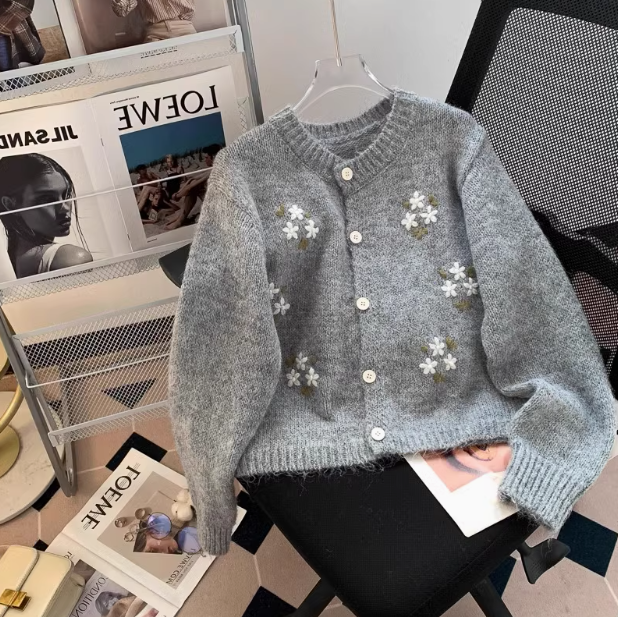Korean Style Round Neck Embroidered Knitted Cardigan Sweater  ED0411