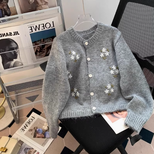 Korean Style Round Neck Embroidered Knitted Cardigan Sweater  ED0411