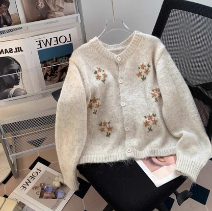 Korean Style Round Neck Embroidered Knitted Cardigan Sweater  ED0411