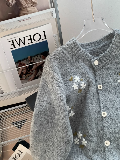 Korean Style Round Neck Embroidered Knitted Cardigan Sweater  ED0411