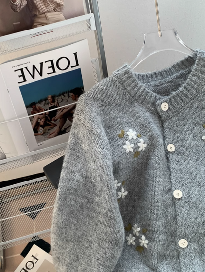 Korean Style Round Neck Embroidered Knitted Cardigan Sweater  ED0411