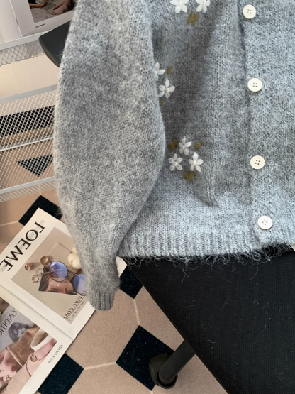 Korean Style Round Neck Embroidered Knitted Cardigan Sweater  ED0411