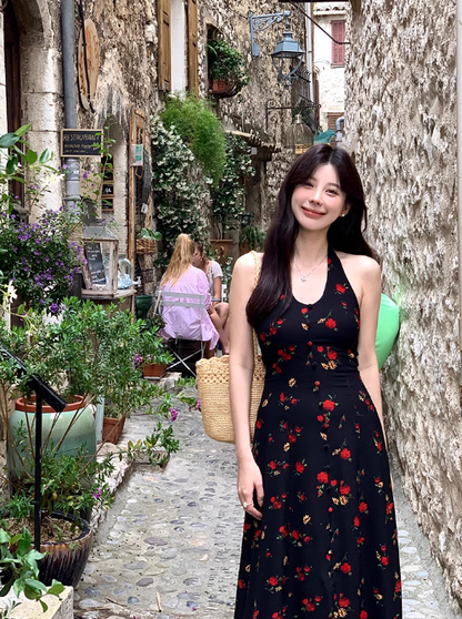 French Tea Break Black Print Halter Dress ED0412