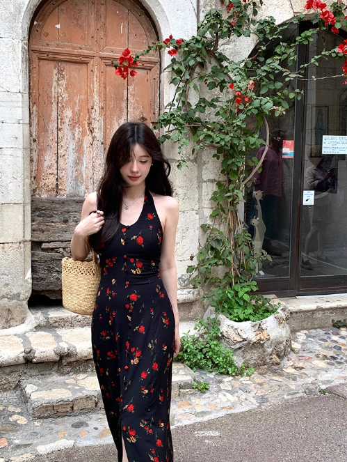 French Tea Break Black Print Halter Dress ED0412