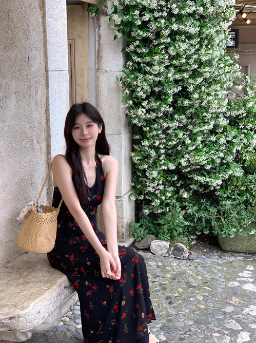 French Tea Break Black Print Halter Dress ED0412