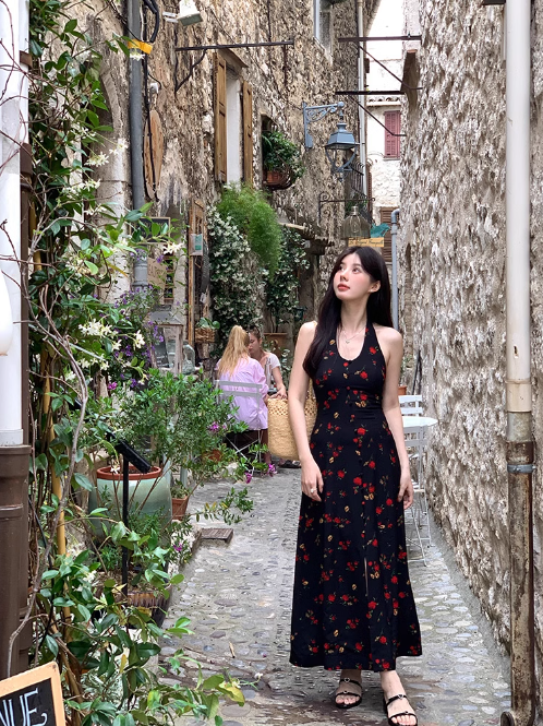 French Tea Break Black Print Halter Dress ED0412