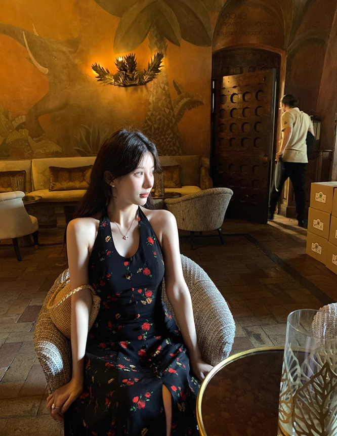 French Tea Break Black Print Halter Dress ED0412