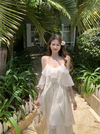 Seaside holiday chiffon ruffled suspender dress ED0413
