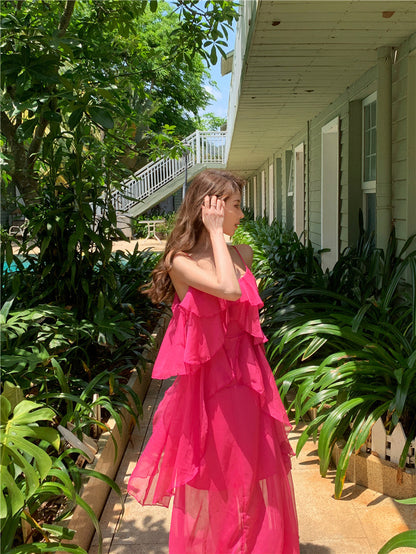 Seaside holiday chiffon ruffled suspender dress ED0413