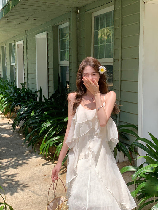 Seaside holiday chiffon ruffled suspender dress ED0413