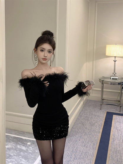 Furry patchwork one-shoulder waisted hip skirt ED0414