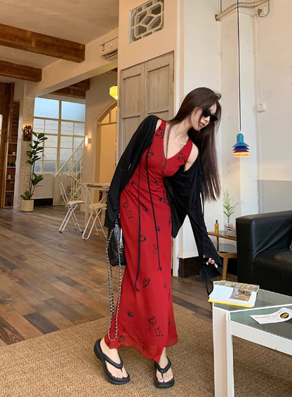 French retro red V-neck floral vest long skirt ED0415