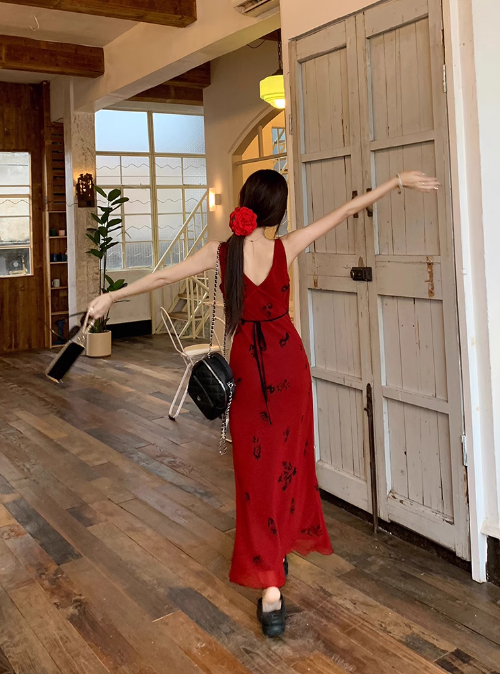 French retro red V-neck floral vest long skirt ED0415