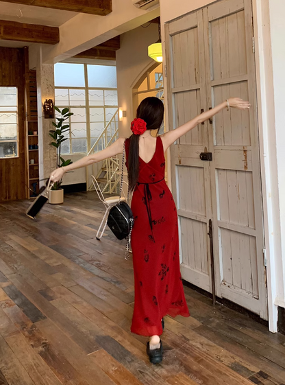 French retro red V-neck floral vest long skirt ED0415