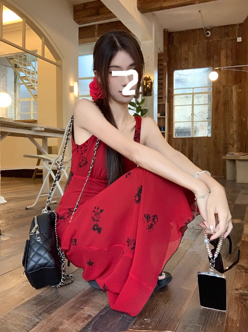 French retro red V-neck floral vest long skirt ED0415