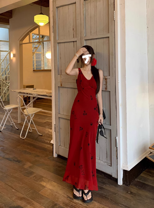 French retro red V-neck floral vest long skirt ED0415