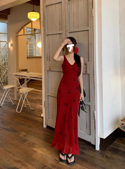 French retro red V-neck floral vest long skirt ED0415