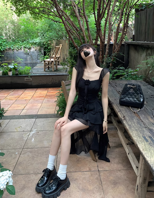 French Square Neck Black Ruffle Suspender Dress ED0416