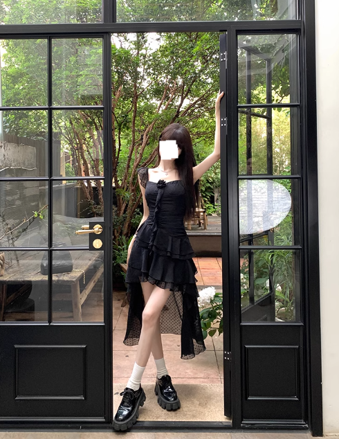 French Square Neck Black Ruffle Suspender Dress ED0416