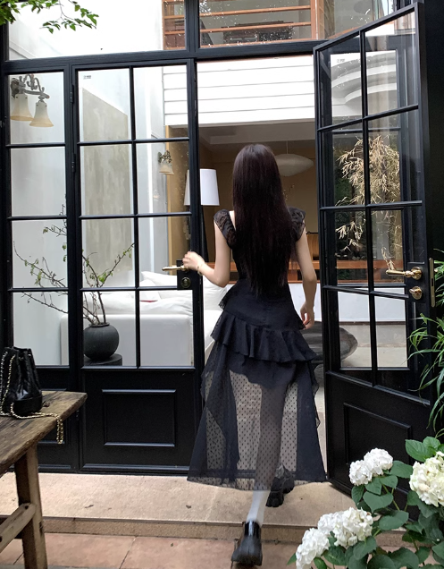 French Square Neck Black Ruffle Suspender Dress ED0416