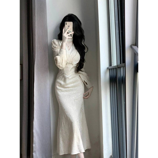 New Chinese retro long-sleeved v-neck slim dress ED0418