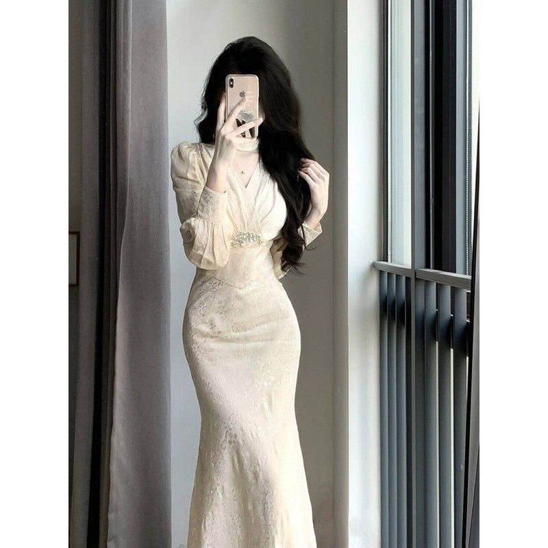 New Chinese retro long-sleeved v-neck slim dress ED0418