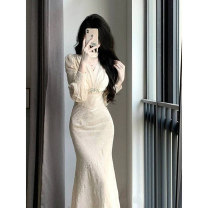 New Chinese retro long-sleeved v-neck slim dress ED0418