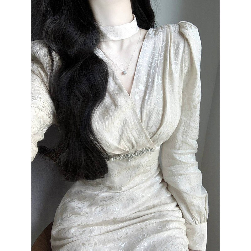 New Chinese retro long-sleeved v-neck slim dress ED0418