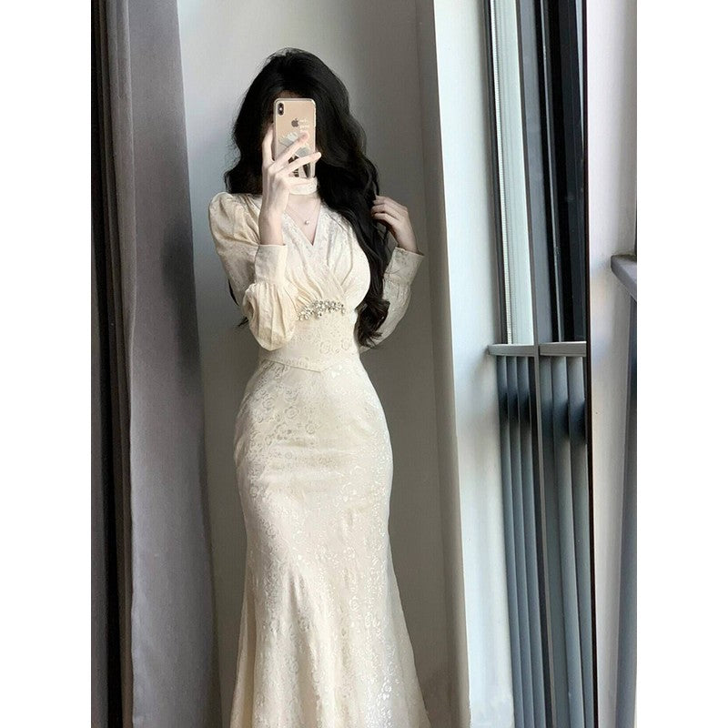 New Chinese retro long-sleeved v-neck slim dress ED0418