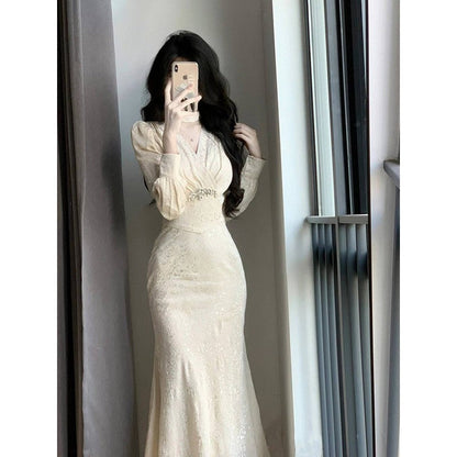 New Chinese retro long-sleeved v-neck slim dress ED0418