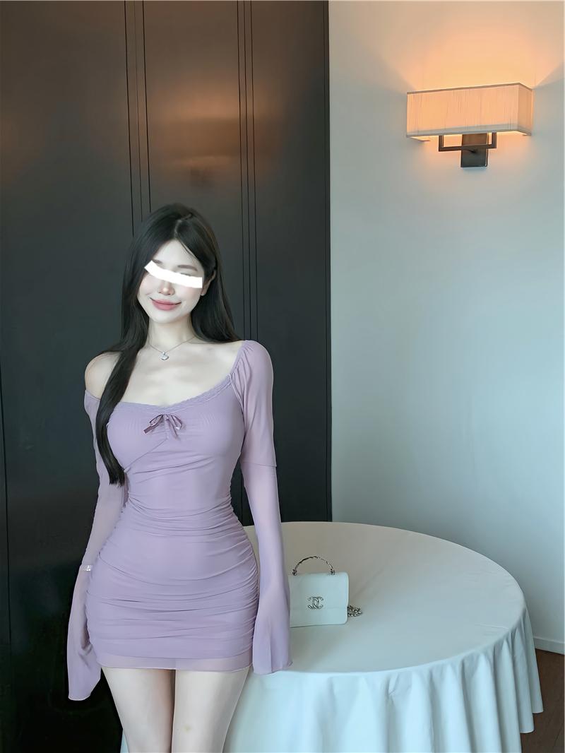 Purple sexy hot girl style mesh long sleeves U-neck off-shoulder hip skirt ED0419