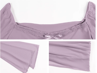 Purple sexy hot girl style mesh long sleeves U-neck off-shoulder hip skirt ED0419