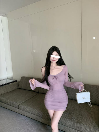 Purple sexy hot girl style mesh long sleeves U-neck off-shoulder hip skirt ED0419