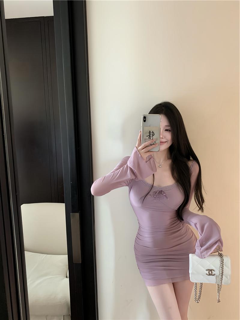 Purple sexy hot girl style mesh long sleeves U-neck off-shoulder hip skirt ED0419