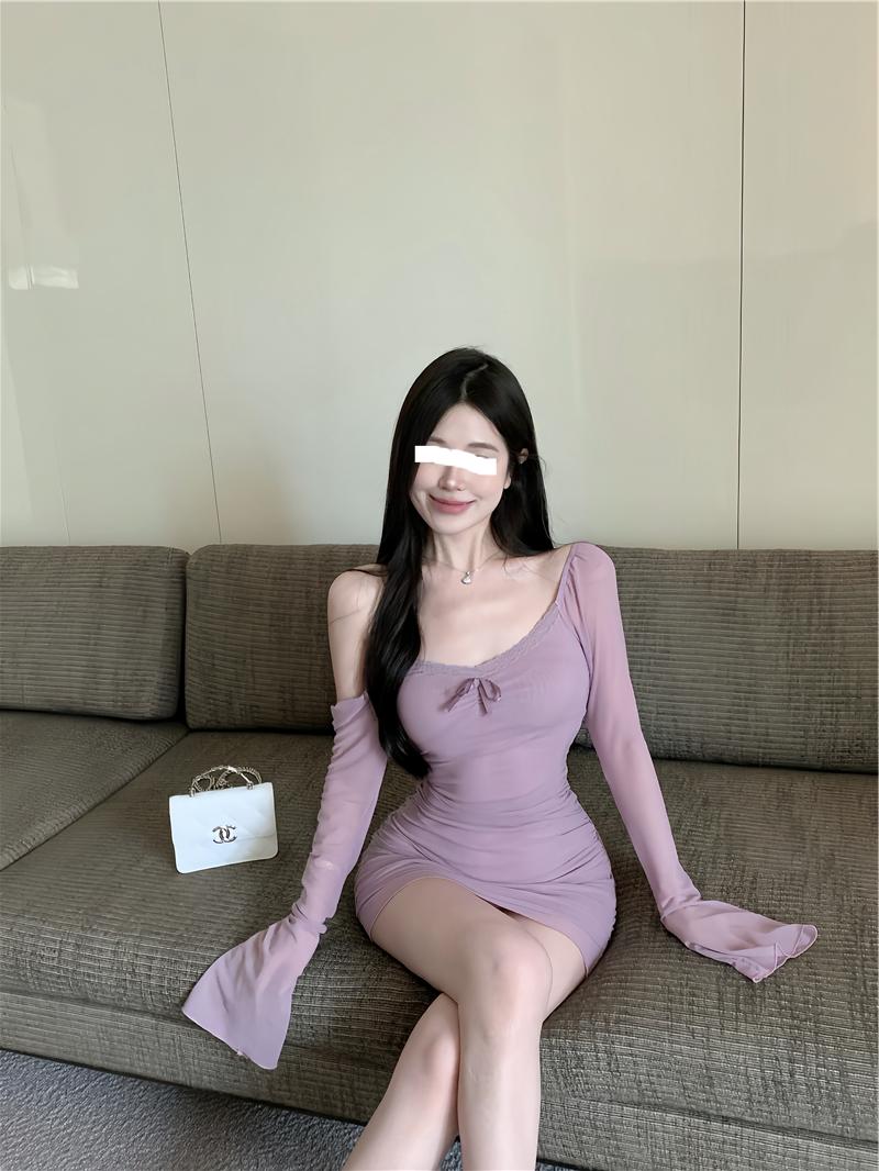 Purple sexy hot girl style mesh long sleeves U-neck off-shoulder hip skirt ED0419