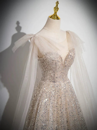 A-Line Scoop Neckline Tulle Champagne Long Prom Dress, Champagne Sequin Evening Dress ED042