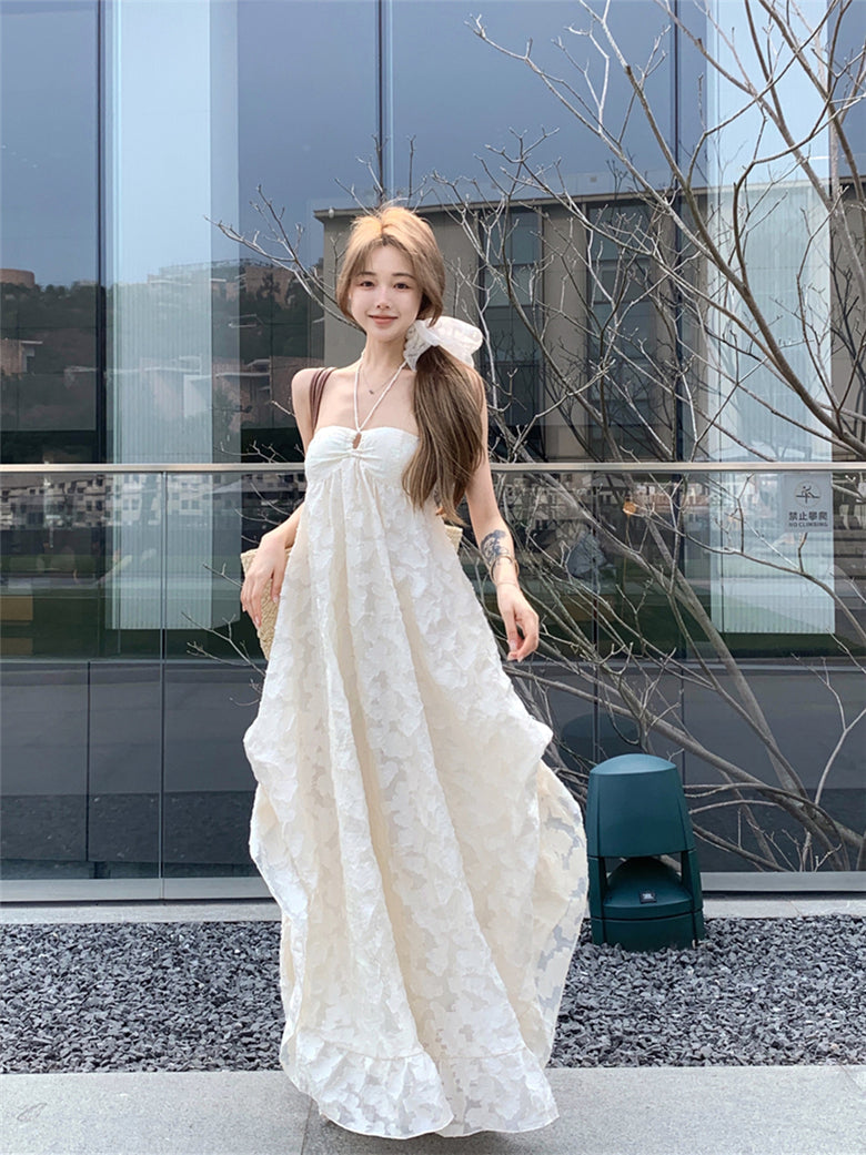 Beach holiday style French A-line halter neck backless long dress ED0420