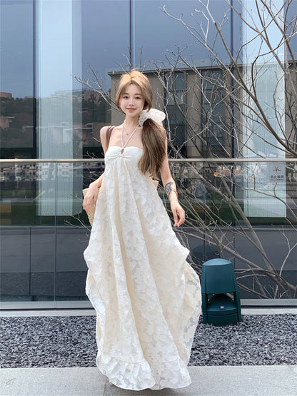 Beach holiday style French A-line halter neck backless long dress ED0420