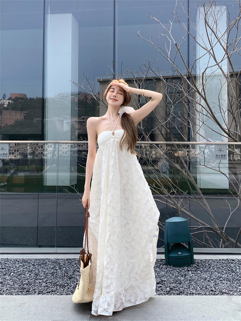 Beach holiday style French A-line halter neck backless long dress ED0420