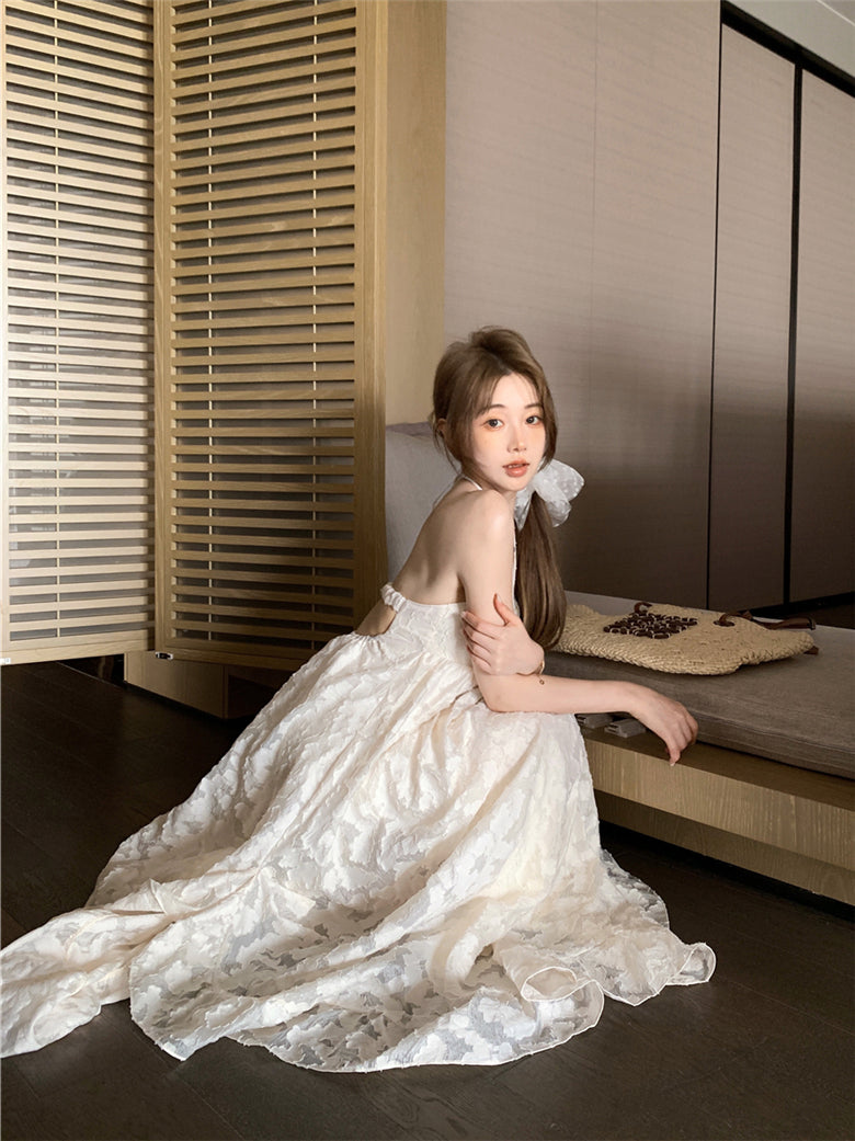 Beach holiday style French A-line halter neck backless long dress ED0420